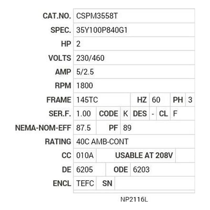 CSPM3558T Baldor 2 HP, 1800 RPM, 3 PH, 60 HZ, 145TC, 3530M, TEFC, F3 Motor Nameplate - view 2