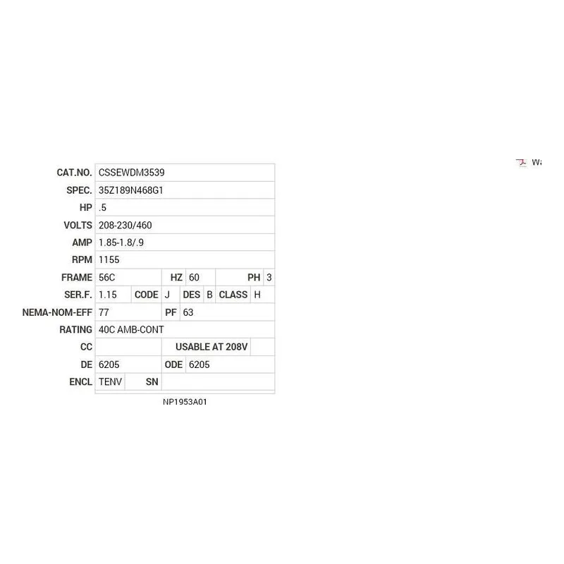 CSSEWDM3539 Baldor .5 HP, 1155 RPM, 3 PH, 60 HZ, 56C, 3522M, TENV, F1 Motor Nameplate - view 2
