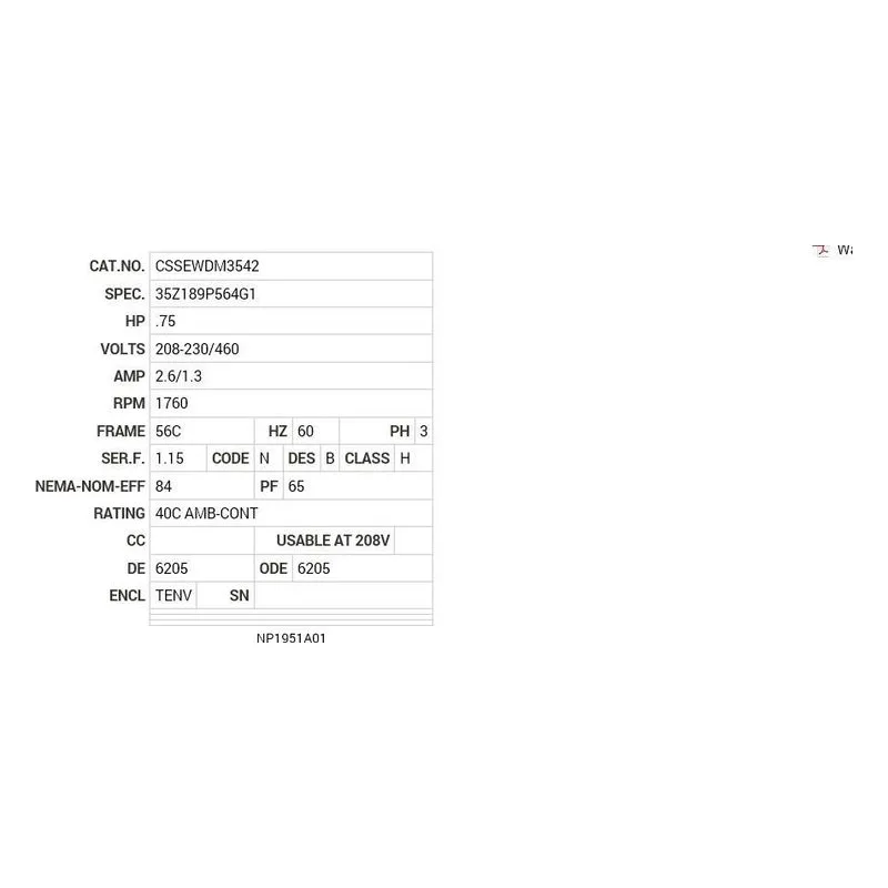 CSSEWDM3542 Baldor .75 HP, 1760 RPM, 3 PH, 60 HZ, 56C, 3521M, TENV, F1 Motor Nameplate - view 2
