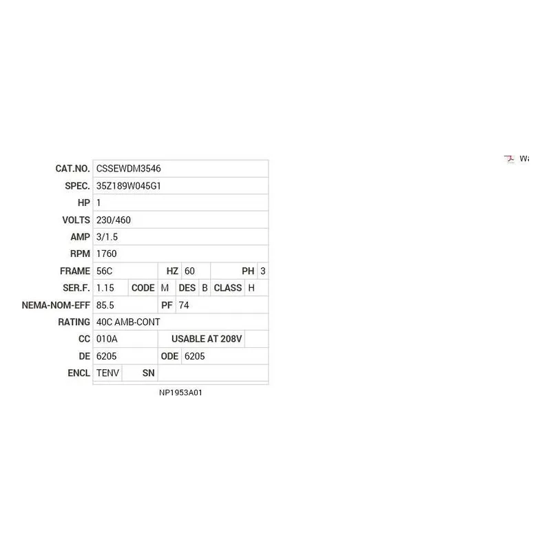 CSSEWDM3546 Baldor 1 HP, 1760 RPM, 3 PH, 60 HZ, 56C, 3522M, TENV, F1, N Motor Nameplate - view 2