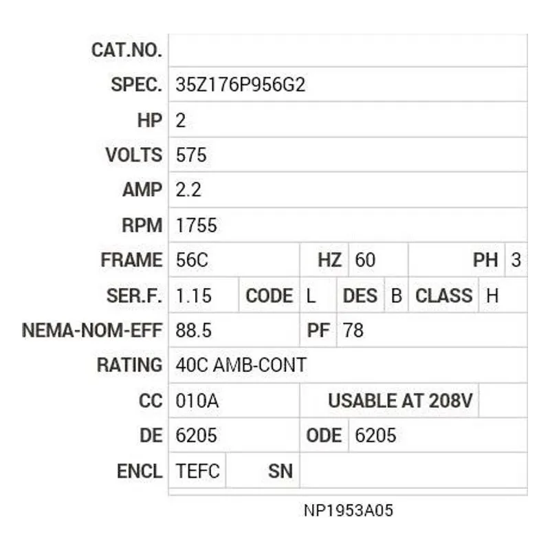 CSSEWDM3558-5 Baldor 2 HP, 1755 RPM, 3 PH, 60 HZ, 56C, 3538M, TEFC, F1, N Motor Nameplate - view 2
