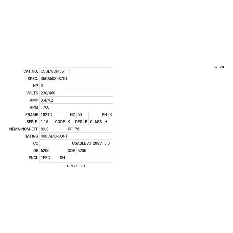 CSSEWDM3611T Baldor 3 HP, 1760 RPM, 3 PH, 60 HZ, 182TC, 3635M, TEFC, F1 Motor Nameplate - view 2