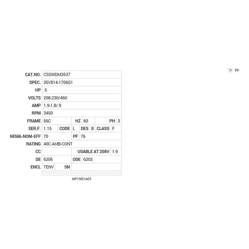 CSSWDM3537 Baldor .5 HP, 3450 RPM, 3 PH, 60 HZ, 56C, 3513M, TENV, F1 Motor Nameplate - view 2