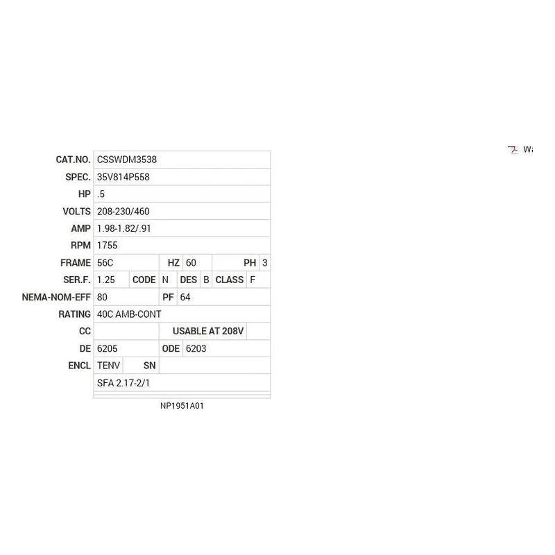CSSWDM3538 Baldor .5 HP, 1755 RPM, 3 PH, 60 HZ, 56C, 3513M, TENV, F1 Motor Nameplate - view 2