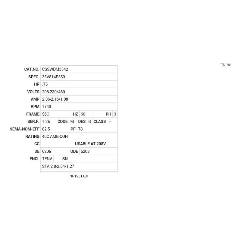 CSSWDM3542 Baldor .75 HP, 1745 RPM, 3 PH, 60 HZ, 56C, 3519M, TENV, F1 Motor Nameplate - view 2