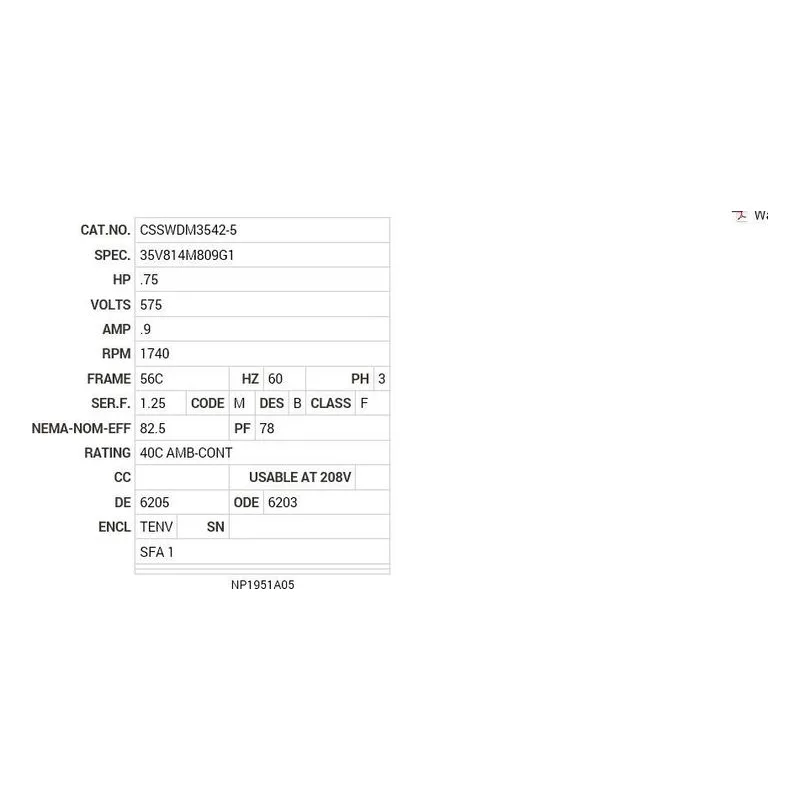 CSSWDM3542-5 Baldor .75 HP, 1740 RPM, 3 PH, 60 HZ, 56C, 3519M, TENV, F1 Motor Nameplate - view 2