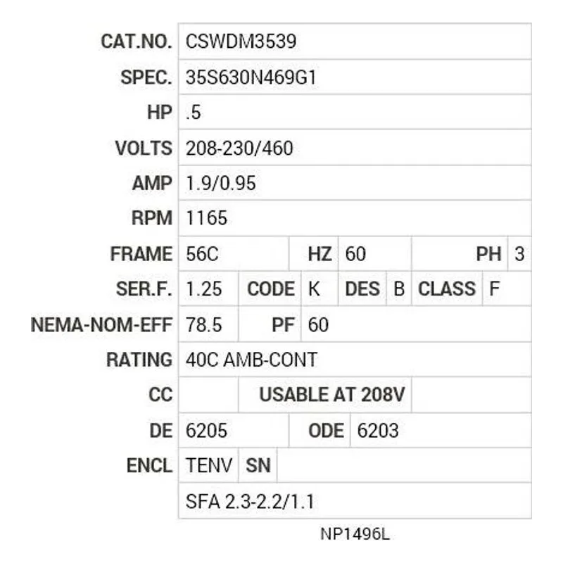 CSWDM3539 Baldor .5 HP, 1160 RPM, 3 PH, 60 HZ, 56C, 3522M, TENV, F1 Motor Nameplate - view 2