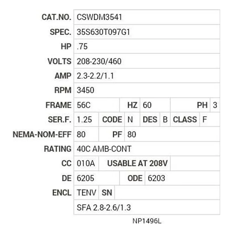 CSWDM3541 Baldor .75 HP, 3450 RPM, 3 PH, 60 HZ, 56C, 3518M, TENV, F1 Motor Nameplate - view 2
