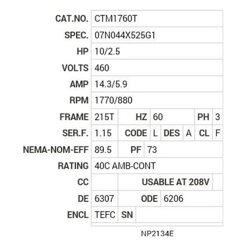 CTM1760T Baldor 10/2.5 HP, 1770/880 RPM, 3 PH, 60 HZ, 215T, 0750M Motor Nameplate - view 2