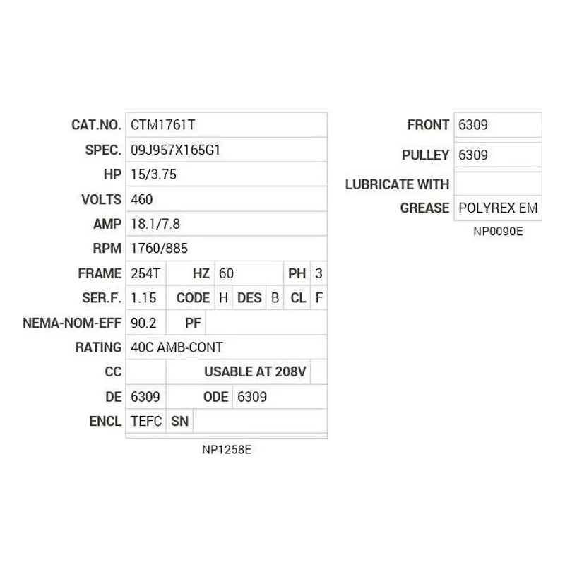 CTM1761T Baldor 15/3.75 HP, 1760/885 RPM, 3 PH, 60 HZ, 254T, 0940 Motor Nameplate - view 2