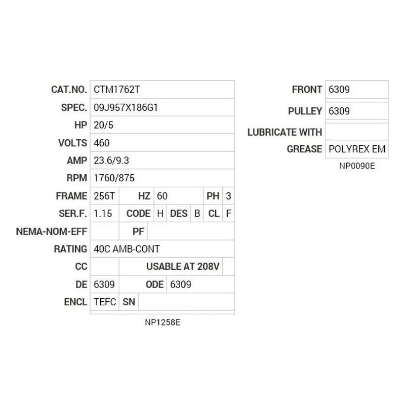 CTM1762T Baldor 20 HP, 1770 RPM, 3 PH, 60 HZ, 256T, TEFC, FOOT,  Motor Nameplate - view 2