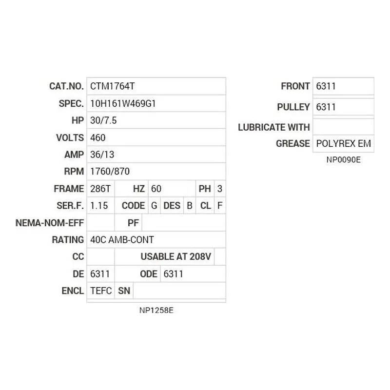 CTM1764T Baldor 30/7.5 HP, 1760/870 RPM, 3 PH, 60 HZ, 286T, 1050M Motor Nameplate - view 2