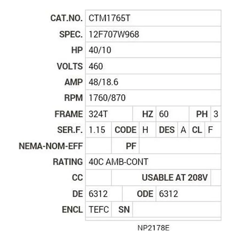 CTM1765T Baldor 40/10 HP, 1775/885 RPM, 3 PH, 60 HZ, 324T, TEFC Motor Nameplate - view 2