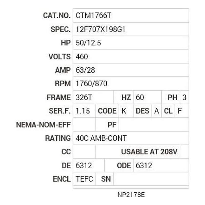 CTM1766T Baldor 50 HP, 1775 RPM, 3 PH, 60 HZ, 326T, TEFC, FOOT,  Motor Nameplate - view 2