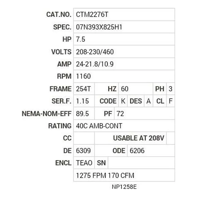 CTM2276T Baldor 7.5 HP, 1160 RPM, 3 PH, 60 HZ, 254T, 0756M, TEAO, F Motor Nameplate - view 2