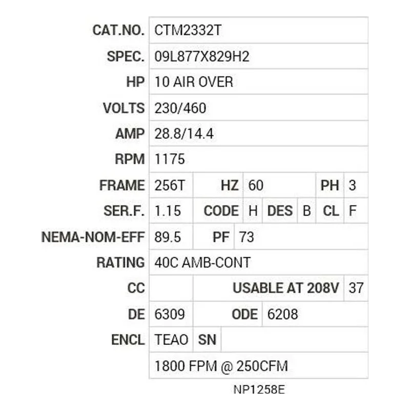 CTM2332T Baldor 10 AIR OVER HP, 1175 RPM, 3 PH, 60 HZ, 256T, 0946 Motor Nameplate - view 2