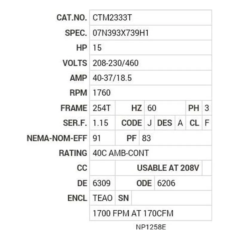 CTM2333T Baldor 15 HP, 1760 RPM, 3 PH, 60 HZ, 254T, 0756M, TEAO, F1 Motor Nameplate - view 2