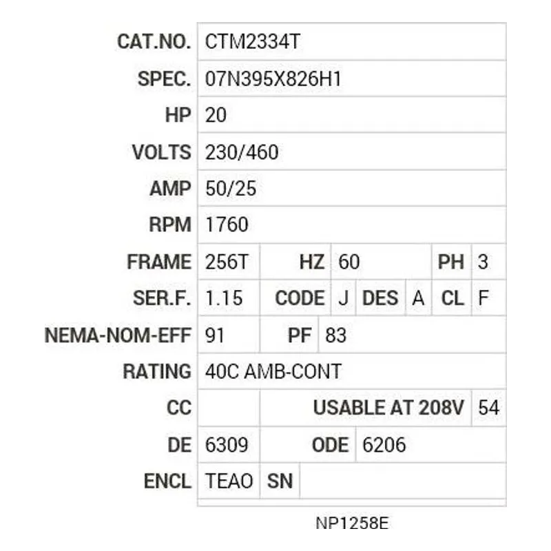 CTM2334T Baldor 20 HP, 1760 RPM, 3 PH, 60 HZ, 256T, 0760M, TEAO, F1 Motor Nameplate - view 2