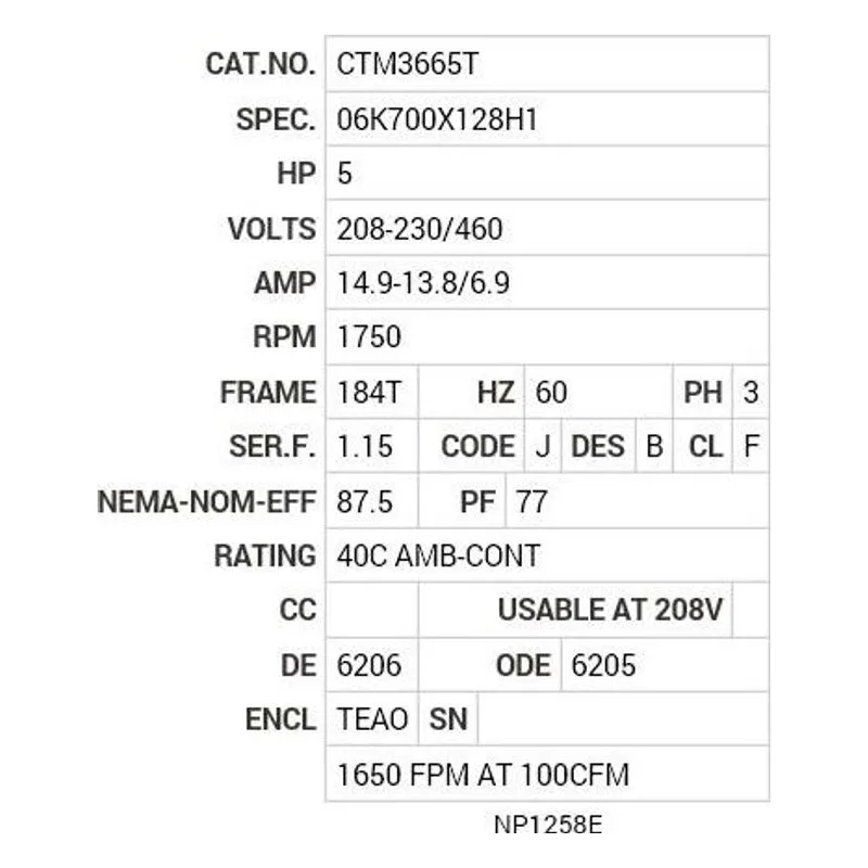 CTM3665T Baldor 5 HP, 1750 RPM, 3 PH, 60 HZ, 184T, 0633M, TEAO, F1 Motor Nameplate - view 2