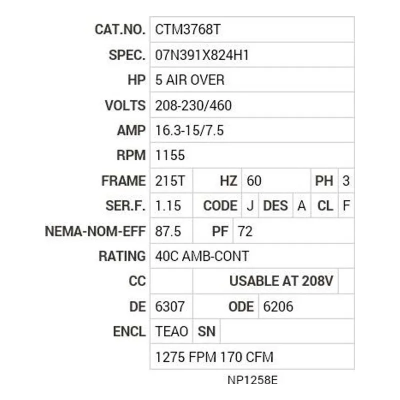 CTM3768T Baldor 5 AIR OVER HP, 1155 RPM, 3 PH, 60 HZ, 215T, 0736M Motor Nameplate - view 2