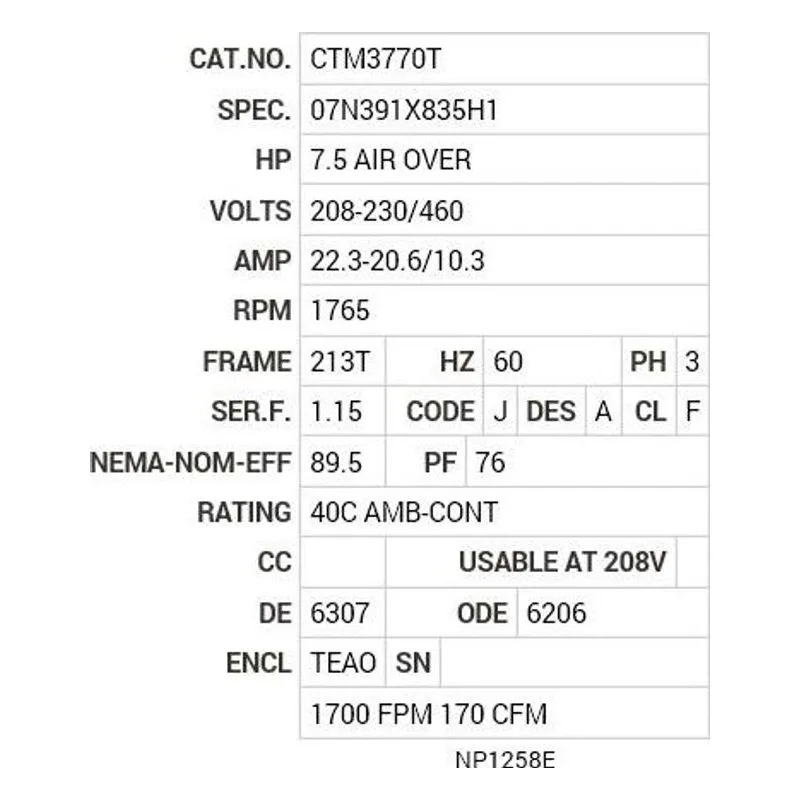 CTM3770T Baldor 7.5 AIR OVER HP, 1765 RPM, 3 PH, 60 HZ, 213T, 072 Motor Nameplate - view 2