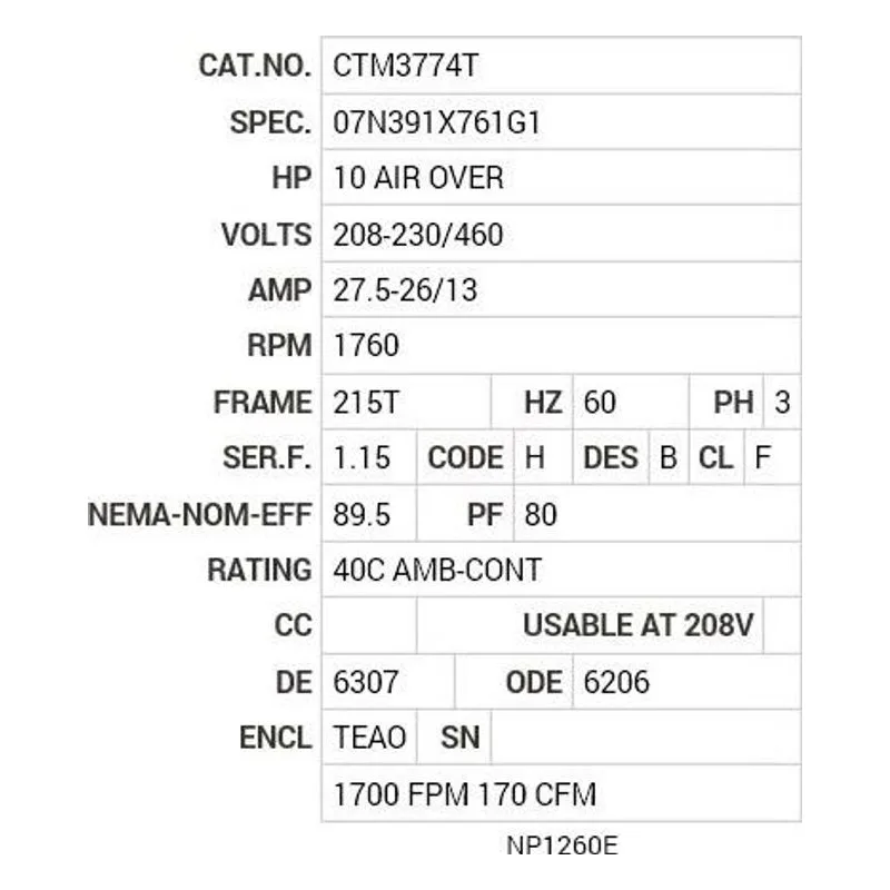 CTM3774T Baldor 10 AIR OVER HP, 1760 RPM, 3 PH, 60 HZ, 215T, 0733 Motor Nameplate - view 2