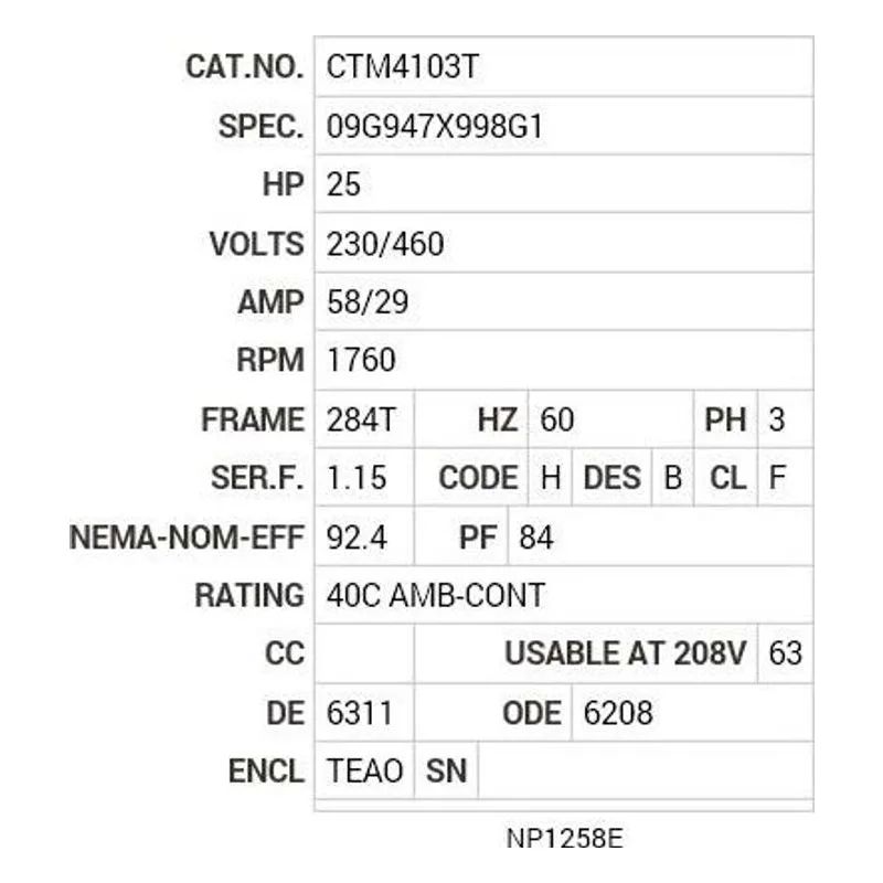 CTM4103T Baldor 25 HP, 1760 RPM, 3 PH, 60 HZ, 284T, 0956M, TEAO, F1 Motor Nameplate - view 2