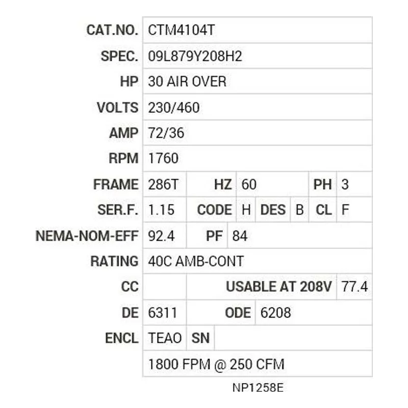 CTM4104T Baldor 30 AIR OVER HP, 1760 RPM, 3 PH, 60 HZ, 286T, 0964 Motor Nameplate - view 2