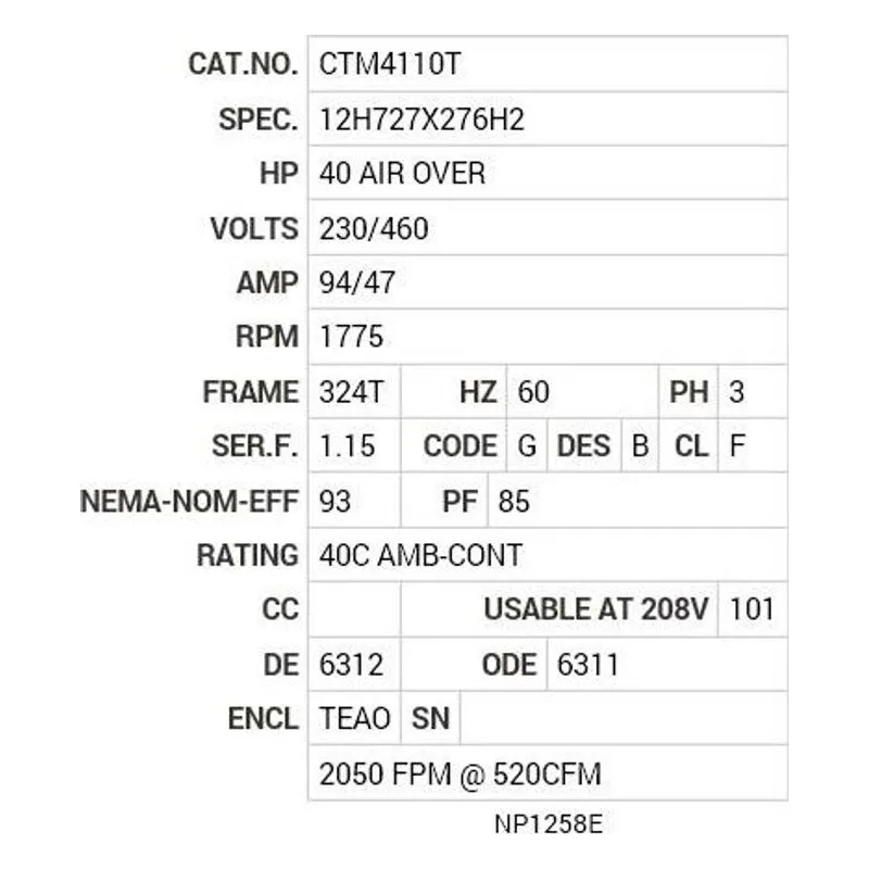 CTM4110T Baldor 40 AIR OVER HP, 1775 RPM, 3 PH, 60 HZ, 324T, 1248 Motor Nameplate - view 2