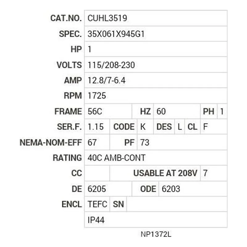 CUHL3519 Baldor 1 HP, 1725 RPM, 1 PH, 60 HZ, 56C, 3524L, TEFC, F3, N Motor Nameplate - view 2