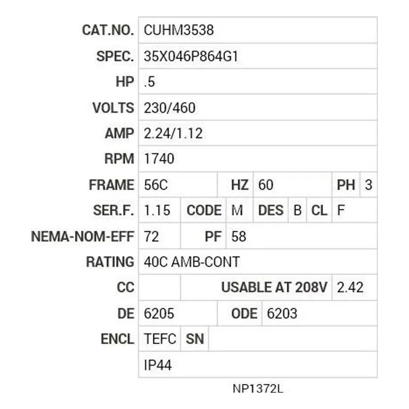 CUHM3538 Baldor .5 HP, 1740 RPM, 3 PH, 60 HZ, 56C, 3511M, TEFC, F3 Motor Nameplate - view 2