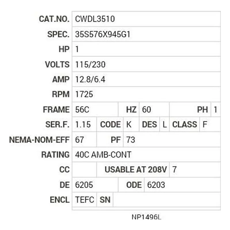 CWDL3510 Baldor 1 HP, 1725 RPM, 1 PH, 60 HZ, 56C, 3524L, TEFC, F1, N Motor Nameplate - view 2