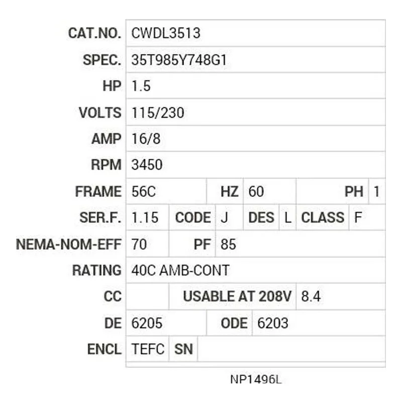 CWDL3513 Baldor 1.5 HP, 3450 RPM, 1 PH, 60 HZ, 56C, 3524L, TEFC, F1 Motor Nameplate - view 2