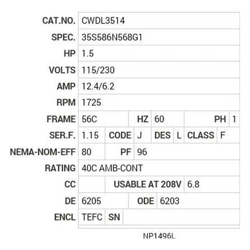 CWDL3514 Baldor 1.5 HP, 1725 RPM, 1 PH, 60 HZ, 56C, 3532LC, TEFC, F Motor Nameplate - view 2