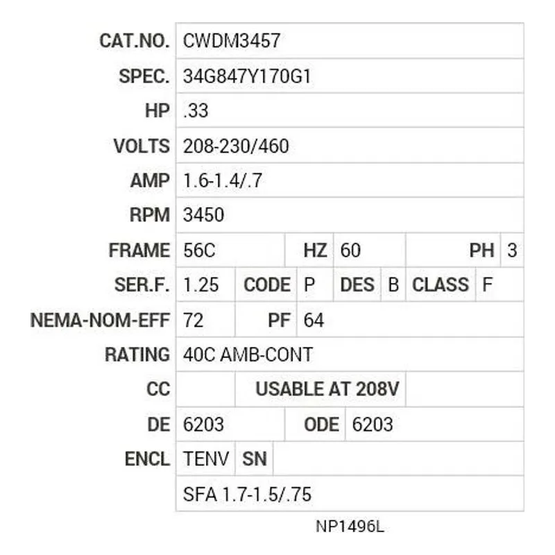 CWDM3457 Baldor .33 HP, 3450 RPM, 3 PH, 60 HZ, 56C, 3410M, TENV, F1 Motor Nameplate - view 2