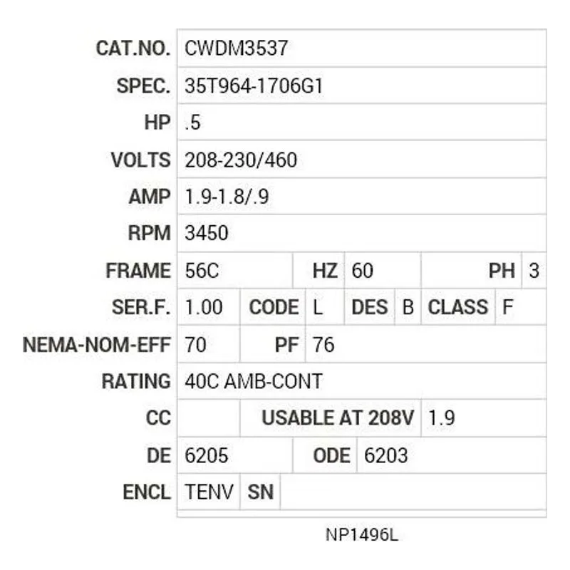 CWDM3537 Baldor .5 HP, 3450 RPM, 3 PH, 60 HZ, 56C, 3513M, TENV, F1 Motor Nameplate - view 2