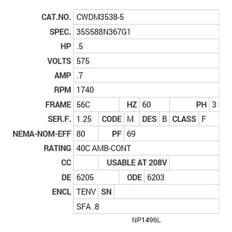 CWDM3538-5 Baldor .5 HP, 1740 RPM, 3 PH, 60 HZ, 56C, 3512M, TENV, F1 Motor Nameplate - view 2