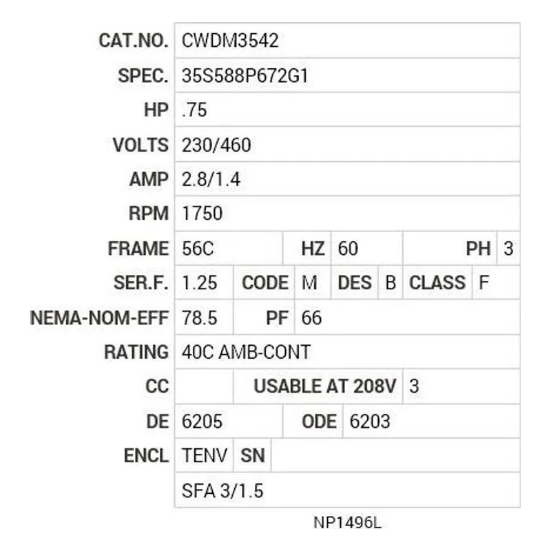 CWDM3542 Baldor .75 HP, 1750 RPM, 3 PH, 60 HZ, 56C, 3514M, TENV, F1 Motor Nameplate - view 2