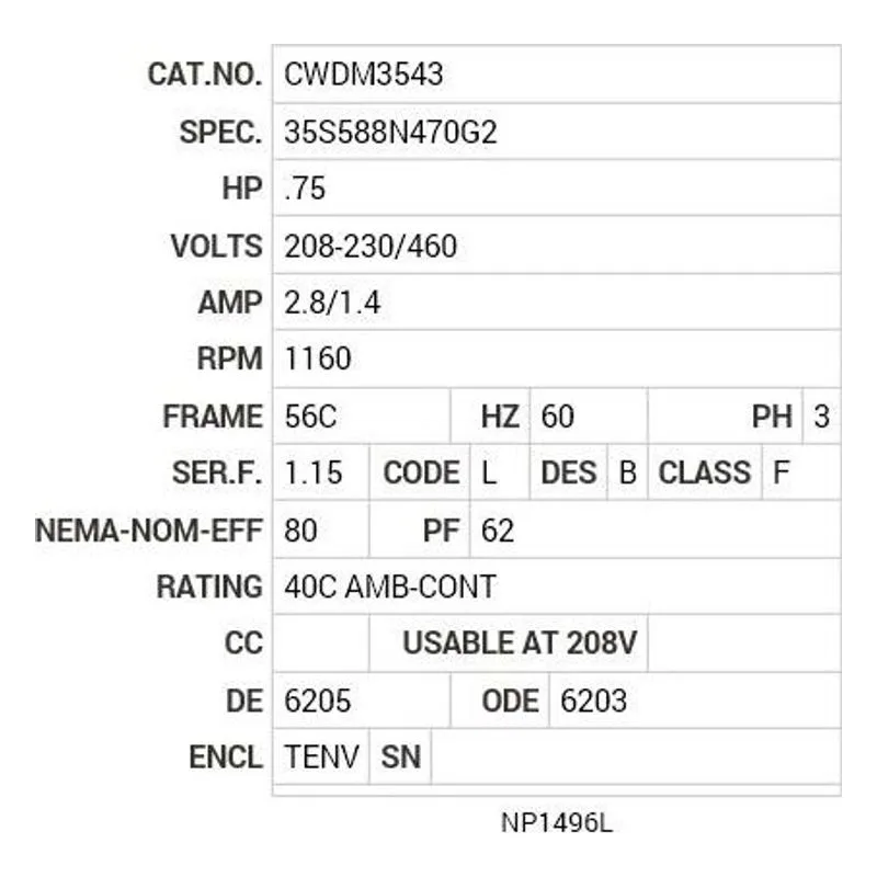 CWDM3543 Baldor .75 HP, 1160 RPM, 3 PH, 60 HZ, 56C, 3530M, TENV, F1 Motor Nameplate - view 2