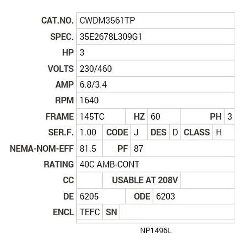 CWDM3561TP Baldor 3 HP, 1640 RPM, 3 PH, 60 HZ, 145TC, 3544M, TEFC, F3 Motor Nameplate - view 2