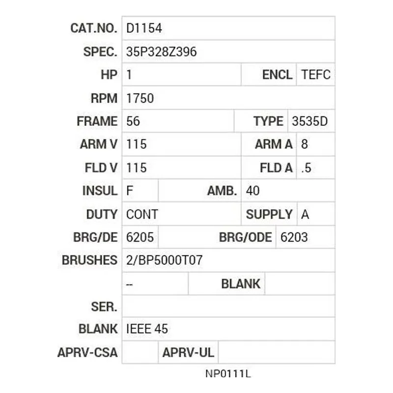 D1154 Baldor 1 HP, 1750 RPM, DC, 56, 3535D, TEFC, F1 Motor Nameplate - view 2