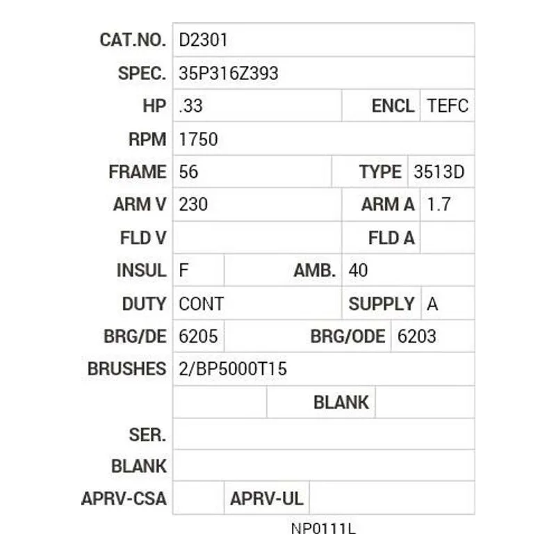 D2301 Baldor .33 HP, 1750 RPM, DC, 56, 3513D, TEFC, F1 Motor Nameplate - view 2