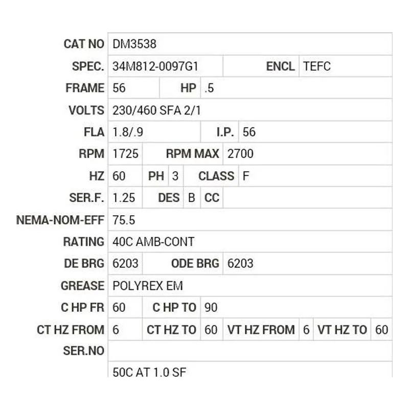DM3538 Baldor .5 HP, 1725 RPM, 3 PH, 60 HZ, 56, 3420M, TEFC, F1, N Motor Nameplate - view 2