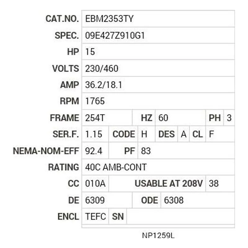 EBM2353TY Baldor 15 HP, 1765 RPM, 3 PH, 60 HZ, 254T, 0944M, TEFC, F1 Motor Nameplate - view 2
