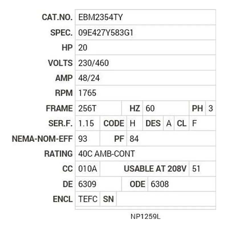 EBM2354TY Baldor 20 HP, 1765 RPM, 3 PH, 60 HZ, 256T, 0952M, TEFC, F1 Motor Nameplate - view 2