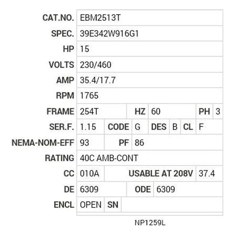 EBM2513T Baldor 15 HP, 1765 RPM, 3 PH, 60 HZ, 254T, 3938M, OPEN, F1 Motor Nameplate - view 2