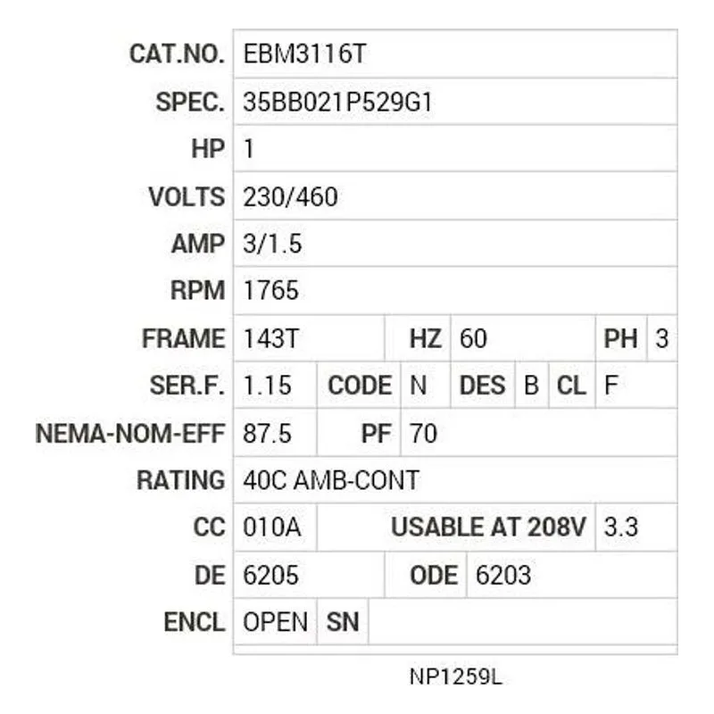 EBM3116T Baldor 1 HP, 1765 RPM, 3 PH, 60 HZ, 143T, 3524M, OPEN, F1 Motor Nameplate - view 2