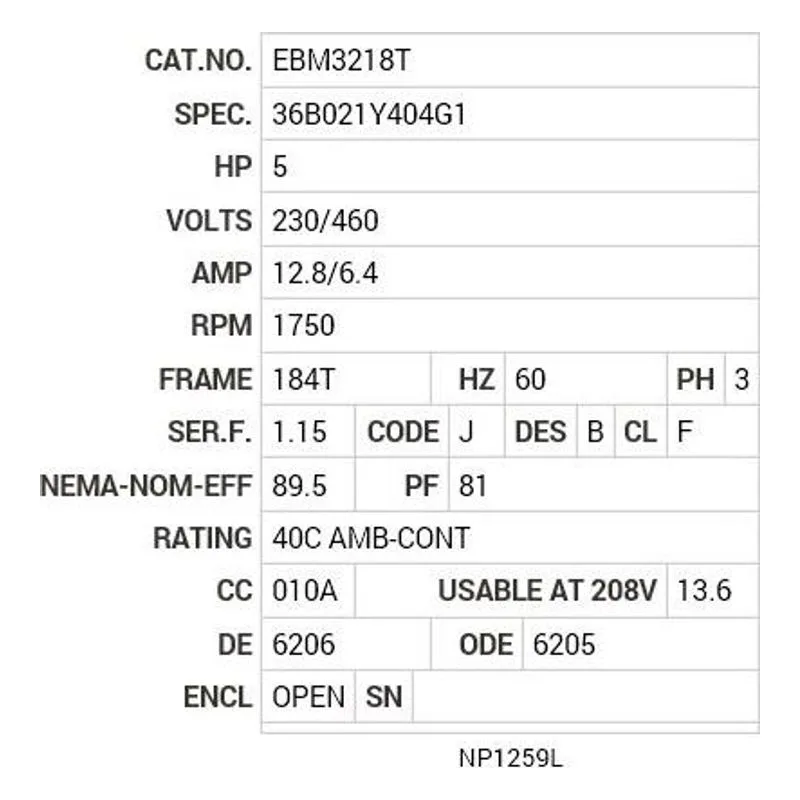 EBM3218T Baldor 5 HP, 1750 RPM, 3 PH, 60 HZ, 184T, 3640M, OPEN, F1 Motor Nameplate - view 2