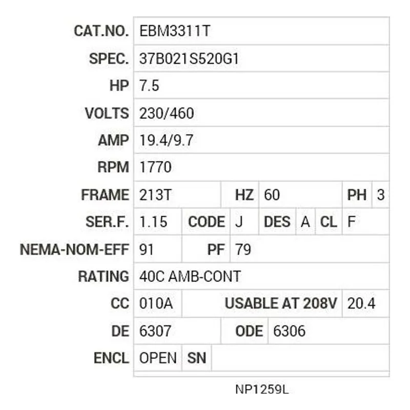 EBM3311T Baldor 7.5 HP, 1770 RPM, 3 PH, 60 HZ, 213T, 3734M, OPEN, F Motor Nameplate - view 2