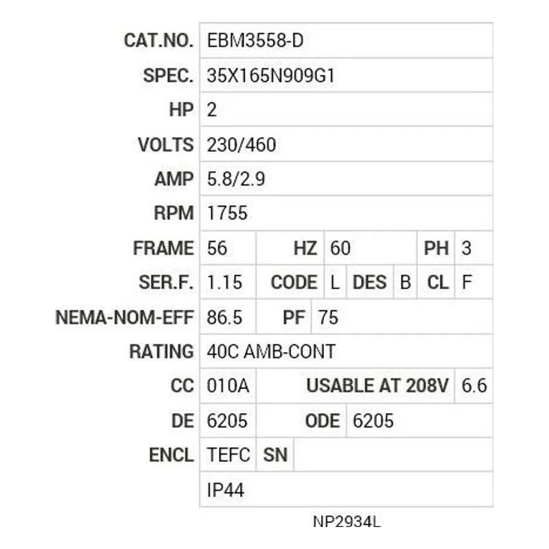 EBM3558-D Baldor 2 HP, 1755 RPM, 3 PH, 60 HZ, 56, 3528M, TEFC, F3, BR Motor Nameplate - view 2
